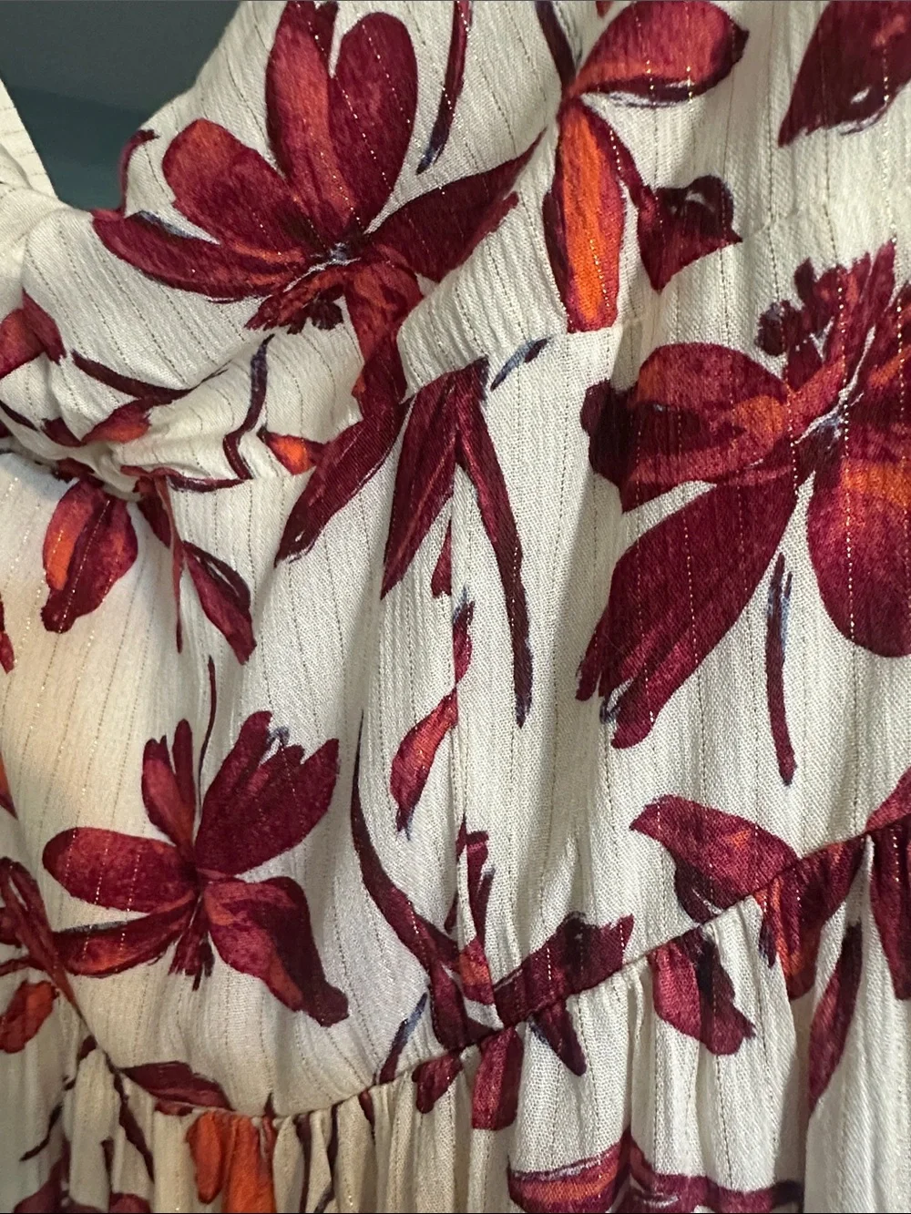 Sage White Maxi Dress with Red & Orange Floral Print